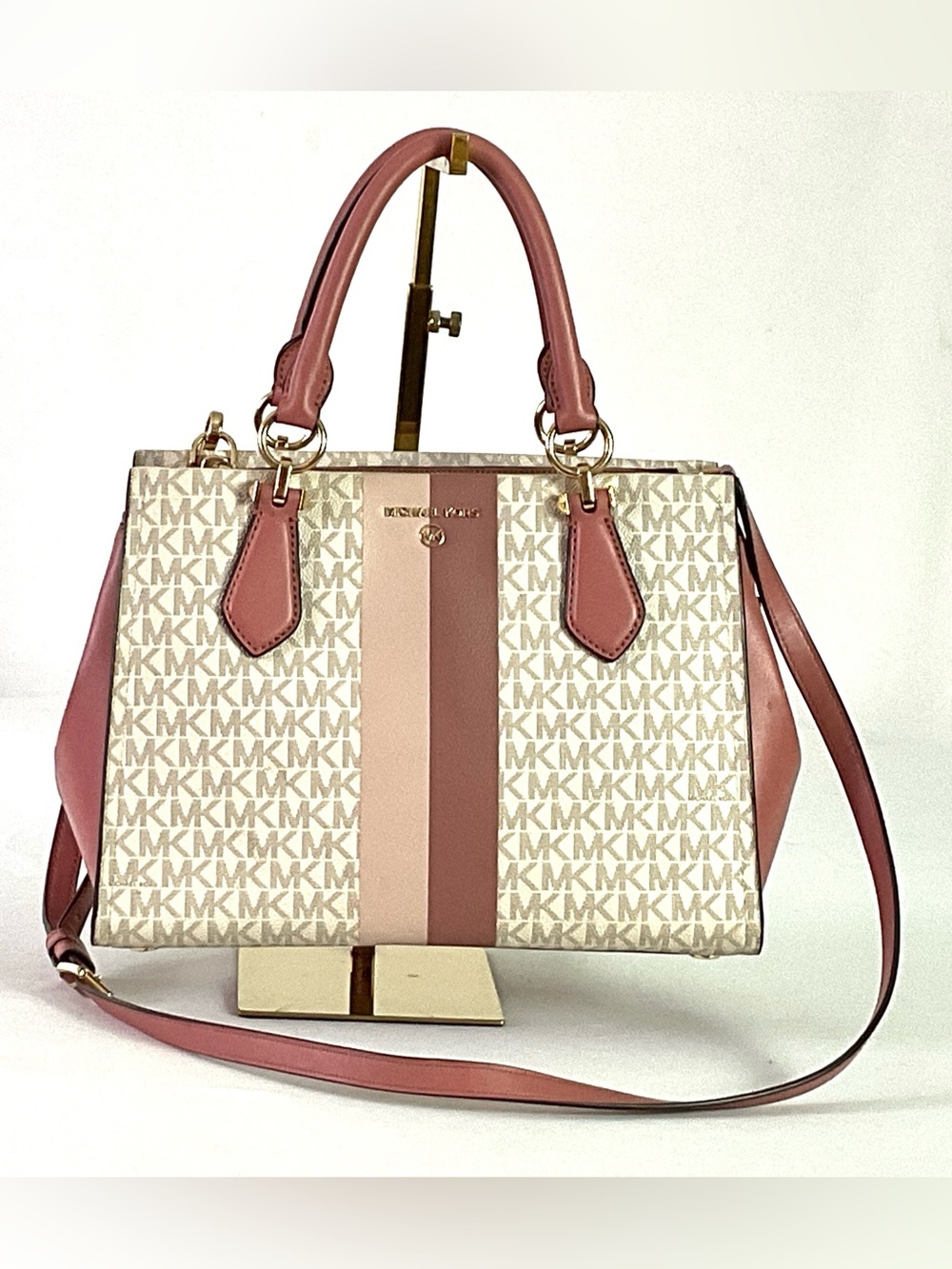 Michael Kors -“MARILYN”-medium logo striped satchel